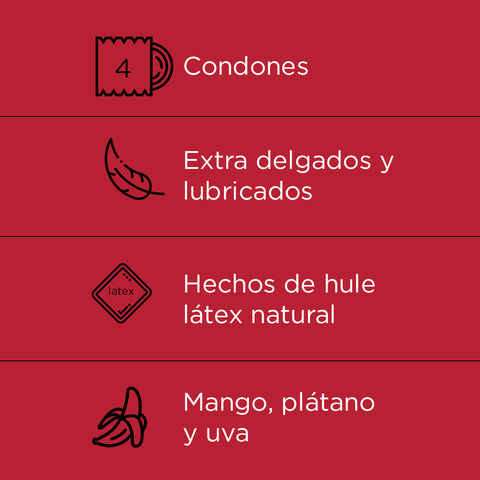 Condones Extra Delgados con Aroma y Sabor - 1 paquete con 3 condones + 1 gratis